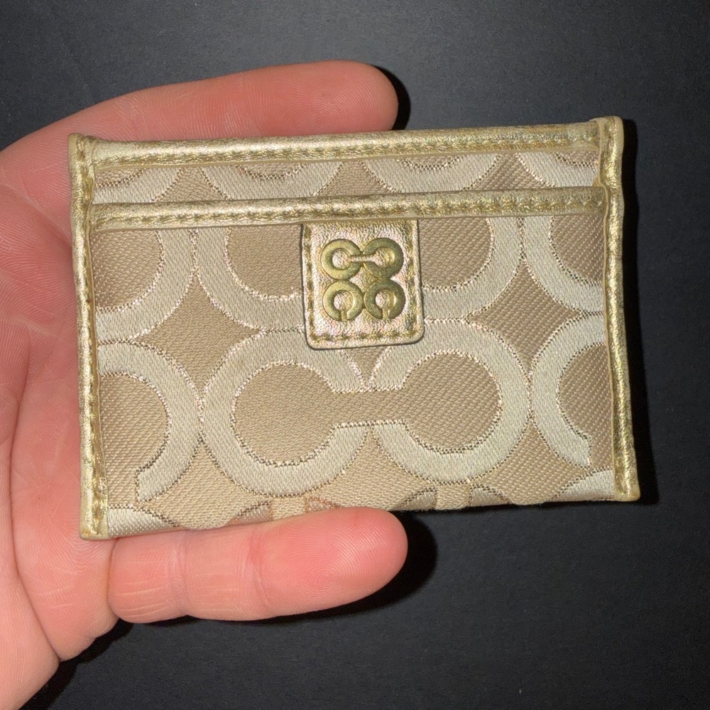Coach Julia Optic Art Card Case Gold Khaki Signature C Slim Wallet